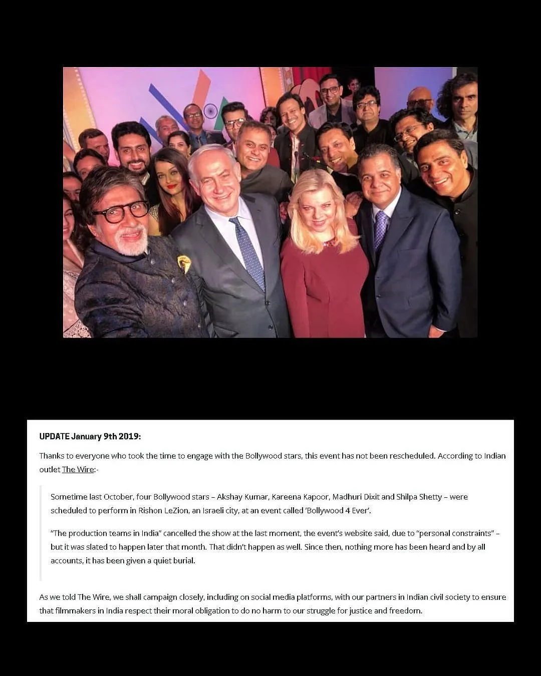 Bollywood actors posing with Benjamin Netanyahu, the prime minister of Israel. Image: Instagram.com/nabiyakhan 